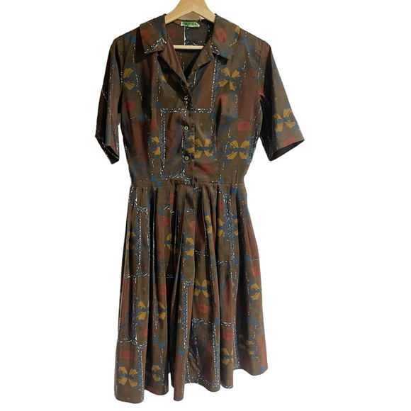 alex colman Dresses & Skirts - Alex Colman Vintage Brown Medium A Line 50s 60s Button Front Day Dress MIDI